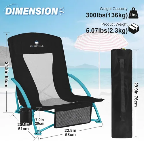 Miniatura 2 de Paquete de 2 sillas de playa bajas, sillas de asiento bajas plegables compactas para adultos con respaldo de malla, portavasos y bolsa