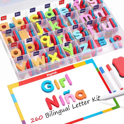 JoyCat Kit de letras magnéticas en inglés y español para aula, 234 piezas con tablero magnético de doble cara, letras del alfabeto de espuma para