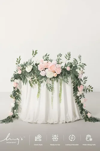 Miniatura 3 de Ling's moment Guirnalda de flores de 9 pies para decoraciones de telón de fondo - Flores de arco de boda, eucalipto y rosa, guirnalda floral