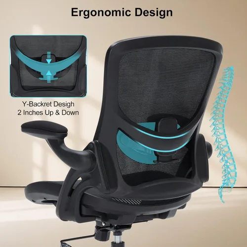 Miniatura 5 de Silla de oficina ergonómica con brazos abatibles, silla de escritorio de malla que ahorra espacio con soporte lumbar ajustable y reposacabezas