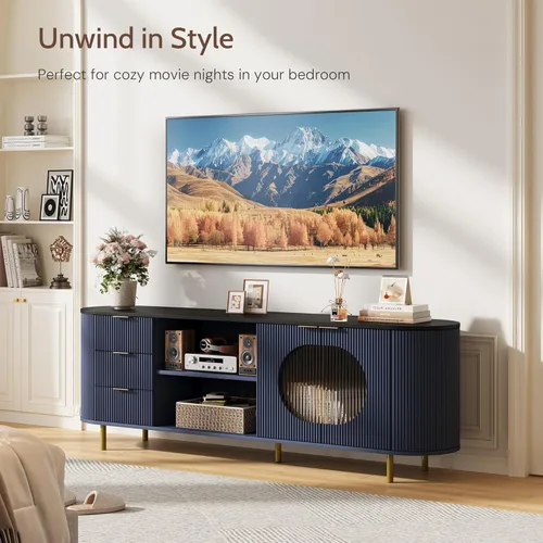 Miniatura 5 de Soporte de TV curvado de 69 pulgadas con puertas acrílicas onduladas y gran almacenamiento, consola multimedia moderna para televisores de hasta 80