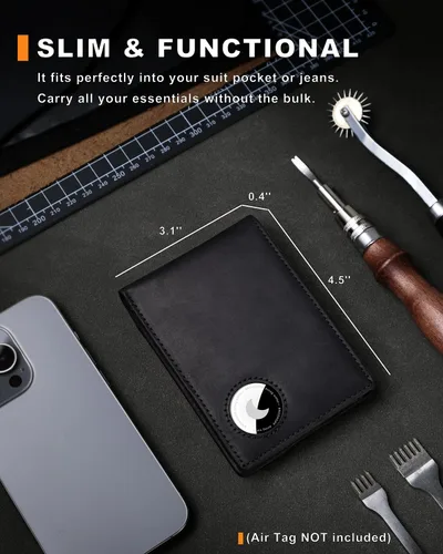 Miniatura 27 de Billetera AirTag para hombre, de piel auténtica plegable con bloqueo Rfid AirTag con ranuras para efectivo y ventana de identificación, compatible