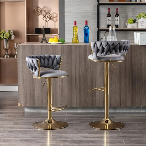 Miniatura 12 de Juego de 2 taburetes de bar tejidos de terciopelo, taburetes de cocina de altura ajustable, silla de isla, sillas de bar giratorias de 360°, chasis