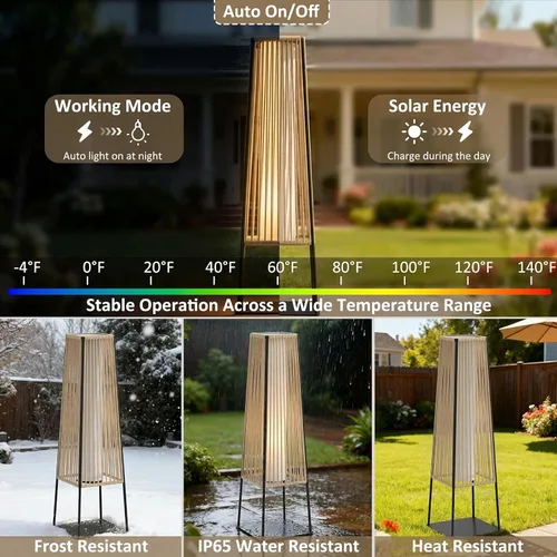 Miniatura 4 de Juego de 2 lámparas de pie para exteriores, faroles solares de ratán impermeables para exteriores, para balcón, terraza, jardín y patio (natural)