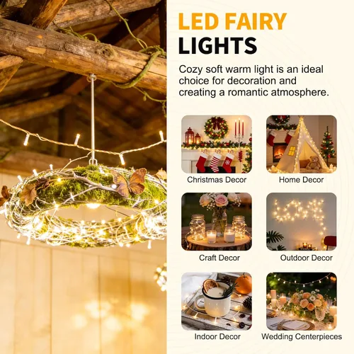 Miniatura 7 de Cadena de luces de Navidad de 100 LED, 33 pies, 8 modos, con función de memoria, enchufable, luz de cadena blanca para árbol de Navidad, corona