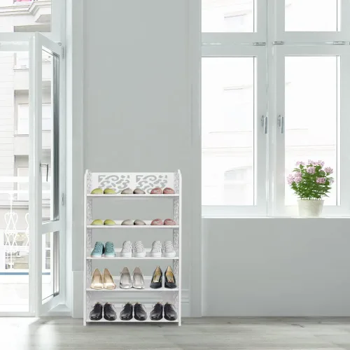 Miniatura 2 de Zapatero tallado hueco blanco de 5 niveles - Armario organizador de almacenamiento de zapatos de madera y plástico - Soporte de exhibición de botas