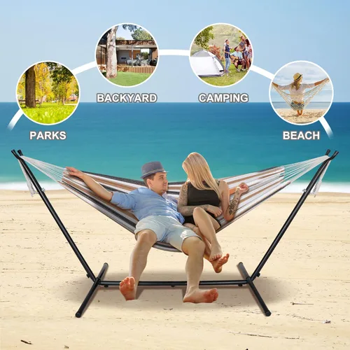 Miniatura 9 de SUPER DEAL Hamaca portátil para 2 personas con soporte de hamaca de 9 pies, capacidad de 620 libras, cama de hamaca ajustable con funda