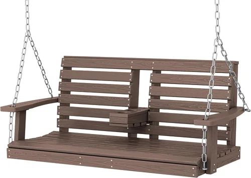 Miniatura 18 de KINGYES Columpio colgante para porche al aire libre, silla de columpio de patio de 2 asientos con portavasos, banco impermeable para patio y jardín