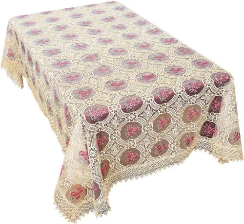 Miniatura 7 de Mantel vintage personalizado beige bordado de lino con patrón de encaje floral, gasa translúcida, redondo, 54 pulgadas de largo