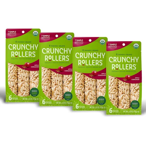Friendly Grains - Rollos crujientes - Snacks de arroz orgánico - Manzana y canela (4 paquetes de 6)