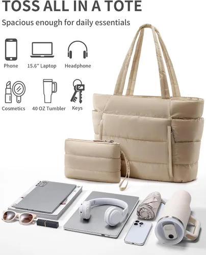 Miniatura 7 de Bolsa Tote Acolchada para Mujeres, Bolsa de Mano de Trabajo Ligera y Esponjosa para Maestras y Enfermeras, Bolsa de Hombro Acolchada para Escuela