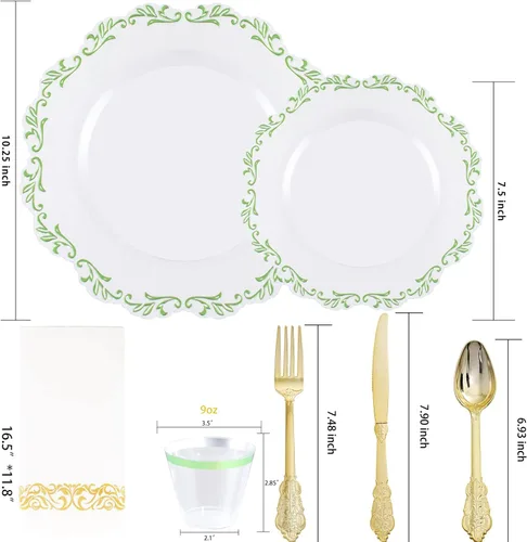 Miniatura 2 de PULOTE 175 platos de plástico verde – Plástico transparente con borde verde desechable – Incluye 25 platos de cada uno (cena y postre), 75