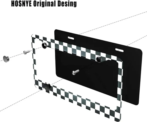 Miniatura 3 de HOSNYE - Marco de placa para automóvil con bandera de carrera, tablero ajedrezado vintage, cubierta de metal para placas frontales, marco de placa