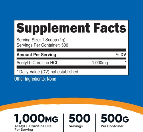 Miniatura 2 de Nutricost Acetil L-carnitina (ALCAR) 17.64 oz - 1000 mg por porción - Polvo de acetil puro L-carnitina