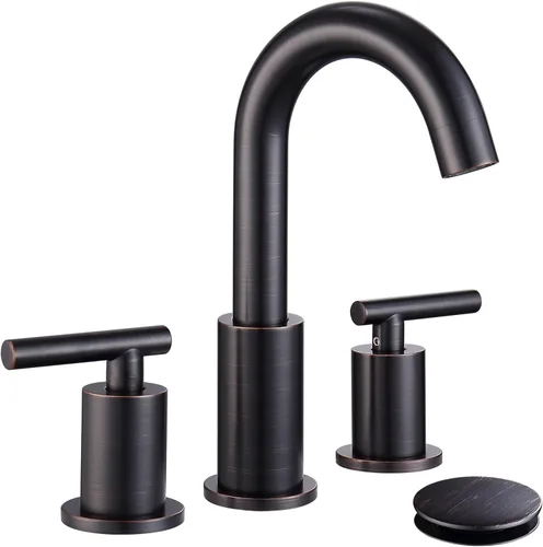Miniatura 11 de ChiLDano Grifo de baño de oro cepillado, grifo de lavabo de baño extendido de 8 pulgadas de 3 orificios con desagüe y manguera, grifo de baño dorado