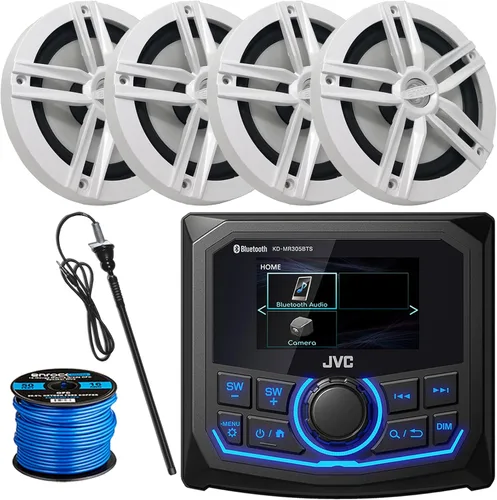 Miniatura 8 de JVC Receptor AM/FM/WB con pantalla LCD de 2.7 pulgadas, 4 altavoces negros de barco de potencia máxima de 6.5 pulgadas, 180 W, antena de radio negra