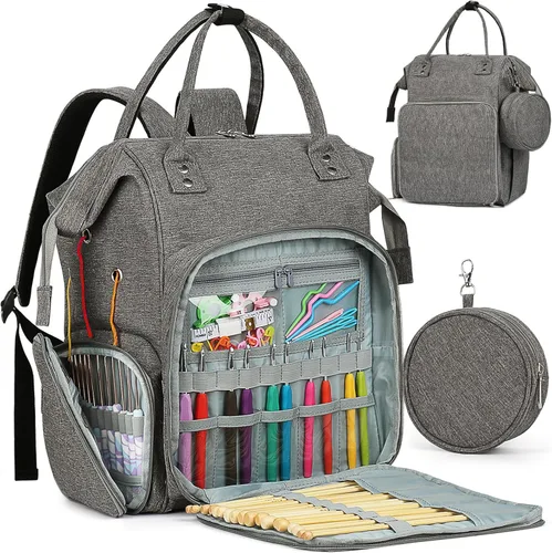 Miniatura 9 de Coopay Bolsa de ganchillo y tejer, organizador de viaje para manualidades, ganchos, agujas, madejas, pintura de diamantes, suministros (verde bosque)