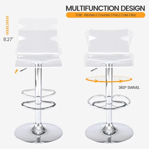 Miniatura 5 de Brage Living Taburetes de bar de acrílico con respaldo medio, juego de 2, taburetes de bar giratorios ajustables transparentes, sillas de bar