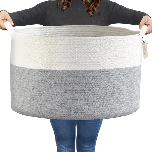 Miniatura 12 de COMFY-HOMI XXL Cesta grande de lavandería con asas, cesta de mantas para sala de estar Cesta decorativa tejida de cuerda de algodón, cesta