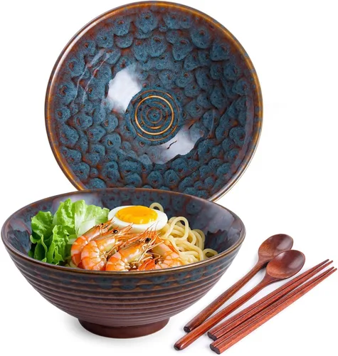 Miniatura 9 de Juego de cuencos de cerámica japoneses para ramen, 2 juegos de cuencos asiáticos para fideos para sopa Pho Udon con cucharas y palillos
