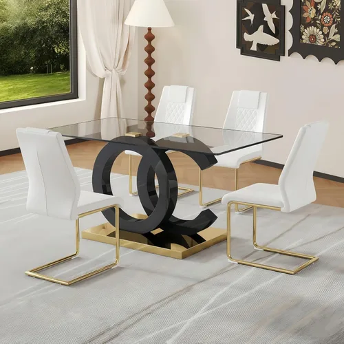 Miniatura 20 de Juego de mesa de comedor de cristal de 63 pulgadas para 6, juego de mesa de comedor moderno para 6, mesa de vidrio templado con patas negras