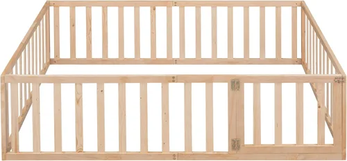 Miniatura 7 de Cama de plataforma de tamaño matrimonial con valla, marco de cama de piso de madera maciza con puerta, marco de sofá cama de tamaño matrimonial