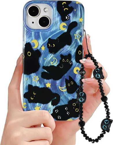 Miniatura 15 de Funda de teléfono para iPhone 11 con patrón de gato lindo, estética, genial y femenina con correa de encantos de teléfono y cadena, funda protectora