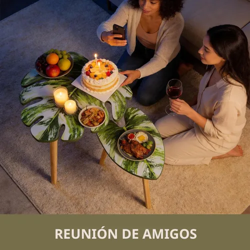 Miniatura 3 de BAMEOS Monstera - Juego de 2 mesas auxiliares pequeñas con patrón de venas de hojas, modernas mesas auxiliares de madera para sala de estar