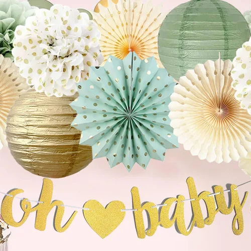 Miniatura 7 de Decoraciones de baby shower verde salvia Oh Baby Banner de papel de seda, pompones de flores, abanicos de papel, guirnalda de puntos circulares