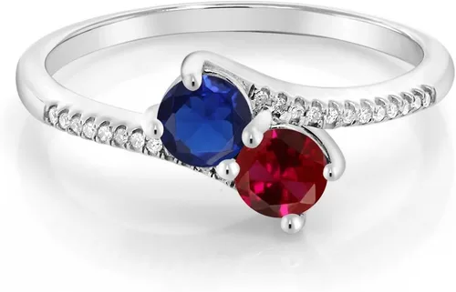 Miniatura 2 de Gem Stone King 10K White Gold Forever United 2 Stone Blue Created Sapphire and Red Created Ruby and Diamond Engagement Ring For Women