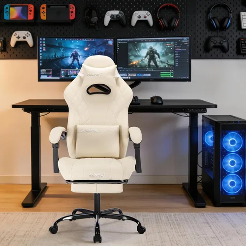 Miniatura 2 de Silla de juegos con reposapiés y soporte lumbar de masaje, silla ergonómica para videojuegos, sillas de videojuegos de oficina con altura y respaldo