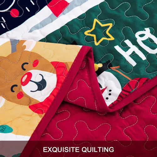 Miniatura 6 de WONGS BEDDING Juego de edredón de Navidad tamaño Queen, juego de ropa de cama con estampado de Papá Noel, alce, copo de nieve y árbol de Navidad