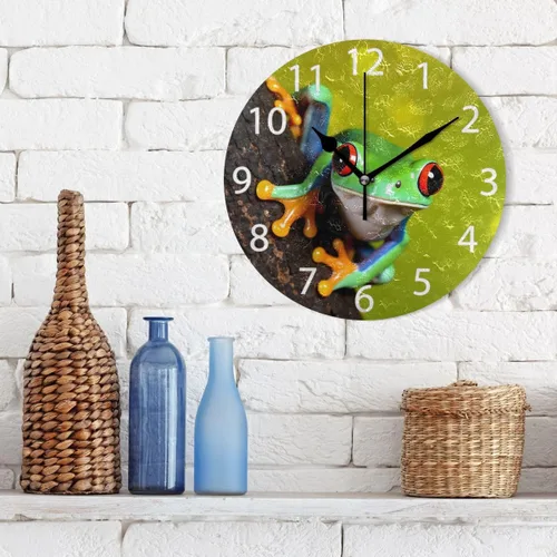 Miniatura 3 de Reloj de pared redondo con diseño de rana de árbol de ojos rojos, pintura al óleo silenciosa sin tictac, decorativo para el hogar, oficina, escuela