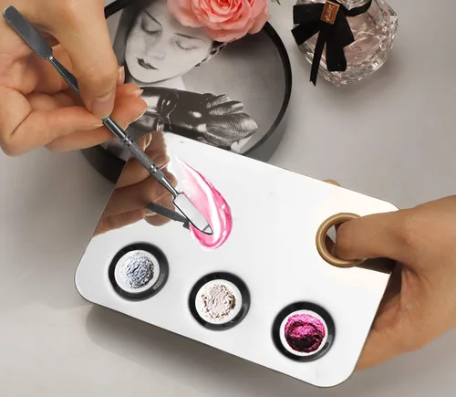 Miniatura 4 de Paleta de mezcla de maquillaje, paleta de maquillaje de acero inoxidable de 6 x 4 pulgadas, paleta de mezcla de 3 pocillos para arte de uñas, paleta