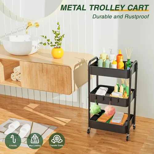 Miniatura 2 de LEHOM Carrito rodante de 3 niveles, carrito utilitario de metal con ruedas y ganchos bloqueables, organizador multifuncional de almacenamiento