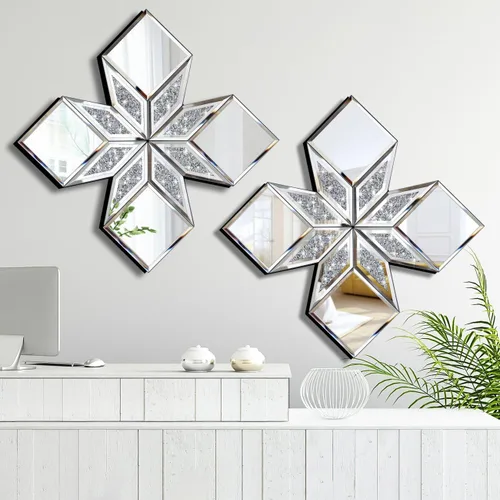 Espejo Decorativo de Diamante Triturado, Paquete de 2 Unidades de 16.75 x 16.75 pulgadas, Espejo de Pared de Vidrio en Forma de Diamante para