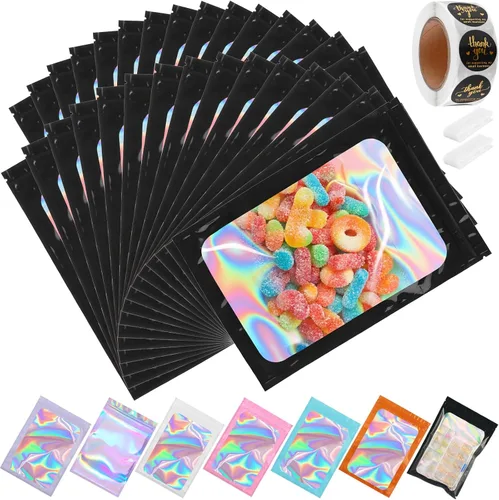 Miniatura 25 de Paquete de 150 bolsas holográficas de Mylar de 5 x 8 pulgadas con ventana transparente, pequeñas bolsas de papel de aluminio resellables