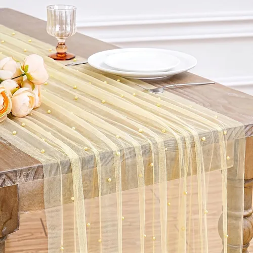 Miniatura 16 de LuoluoHouse Camino de Mesa de Perla para Centros de Mesa de Boda: Camino de Mesa de Perla de 10 pies, Decoración de Mesa de 29x120 Pulgadas de Tul