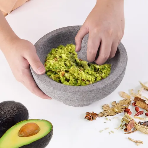 Miniatura 6 de Luvan Juego Grande de Mortero y Maja, 4 Tazas Mortero de Piedra Natural de Granito Sin Pulir para Molcajete Tazón de Guacamole