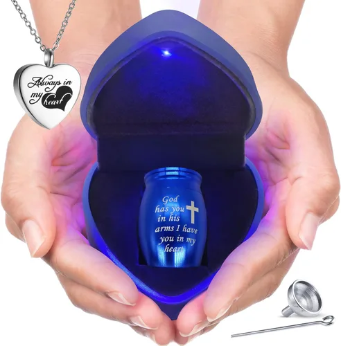 Urnas de recuerdo pequeñas vienen con caja de corazón con luz (batería reemplazable), el mejor regalo conmemorativo por la pérdida de un ser Azul