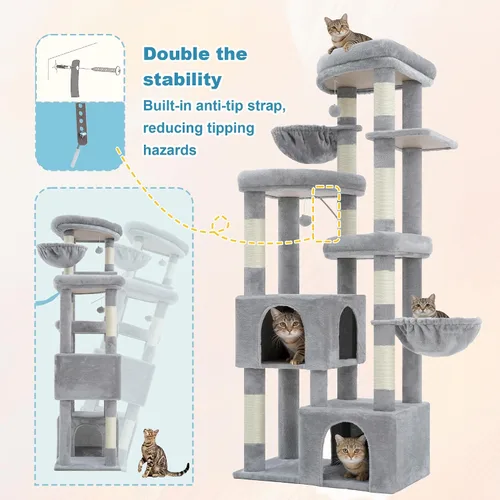 Miniatura 7 de Hey-brother Árbol para gatos, torre de 67.3 pulgadas con 3 camas de plataforma suave, 2 condominios grandes, 9 postes rascadores de sisal, 2 hamacas
