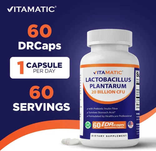 Miniatura 3 de Vitamatic Lactobacillus Plantarum - 20 mil millones por cápsula DR - 60 unidades - Soporte digestivo - Fabricado con fibra prebiótica de inulina