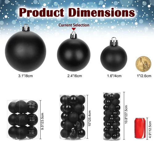 Miniatura 6 de Adornos de bolas de Navidad negras de 2.36 pulgadas, 25 piezas inastillables, set de adornos de Navidad, bolas de Halloween, adorno negro para árbol