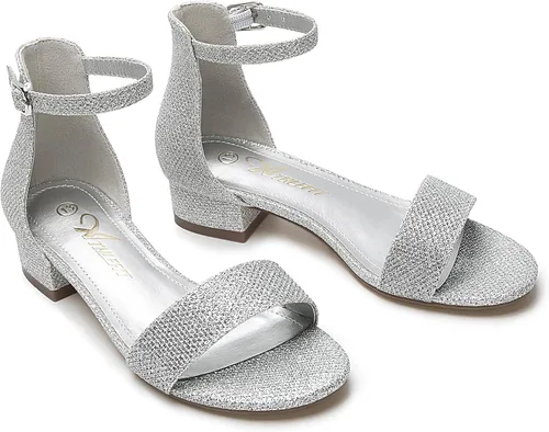 Miniatura 4 de Athlefit Sandalias para niñas, puntera abierta, correa en el tobillo, tacones bajos, zapatos de vestir para niñas pequeñas y grandes