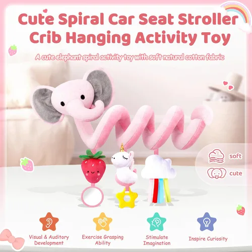 Miniatura 7 de Juguetes de asiento de coche en espiral para bebés niñas de 0 a 6 meses, lindo elefante rosa fresa, regalo perfecto para recién nacidos, artículos