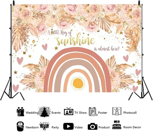 Miniatura 3 de YongFoto Telón de fondo de arco iris bohemio de 5 x 3 pies para baby shower, hierba de las pampas, arco iris bohemio, baby shower, un pequeño rayo
