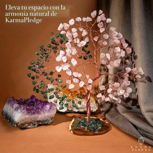 Miniatura 4 de Árbol de cristal para decoración de oficina de mujeres, árbol de piedras curativas de aventurina verde y cuarzo rosa hecho a mano, árbol de la vida