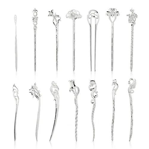 Lawie Paquete de 14 palillos de metal plateado vintage retro antiguo chino japonés plateado para el cabello, púas largas y rectas talladas cuerno