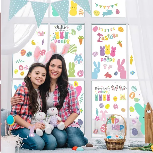 Miniatura 5 de Decoraciones de conejito para ventana, 9 hojas reutilizables estáticas para ventana, huevos de conejo de Pascua, calcomanías de doble cara