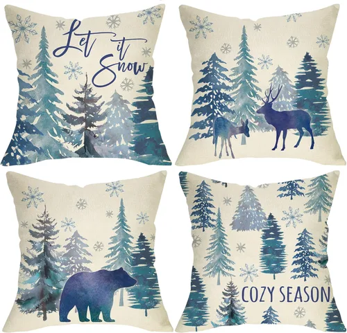 Juego de 4 fundas de almohada decorativas de color azul pino de invierno de 18 x 18 pulgadas, Let It Snow en acuarela, bosque, oso, reno, copo de